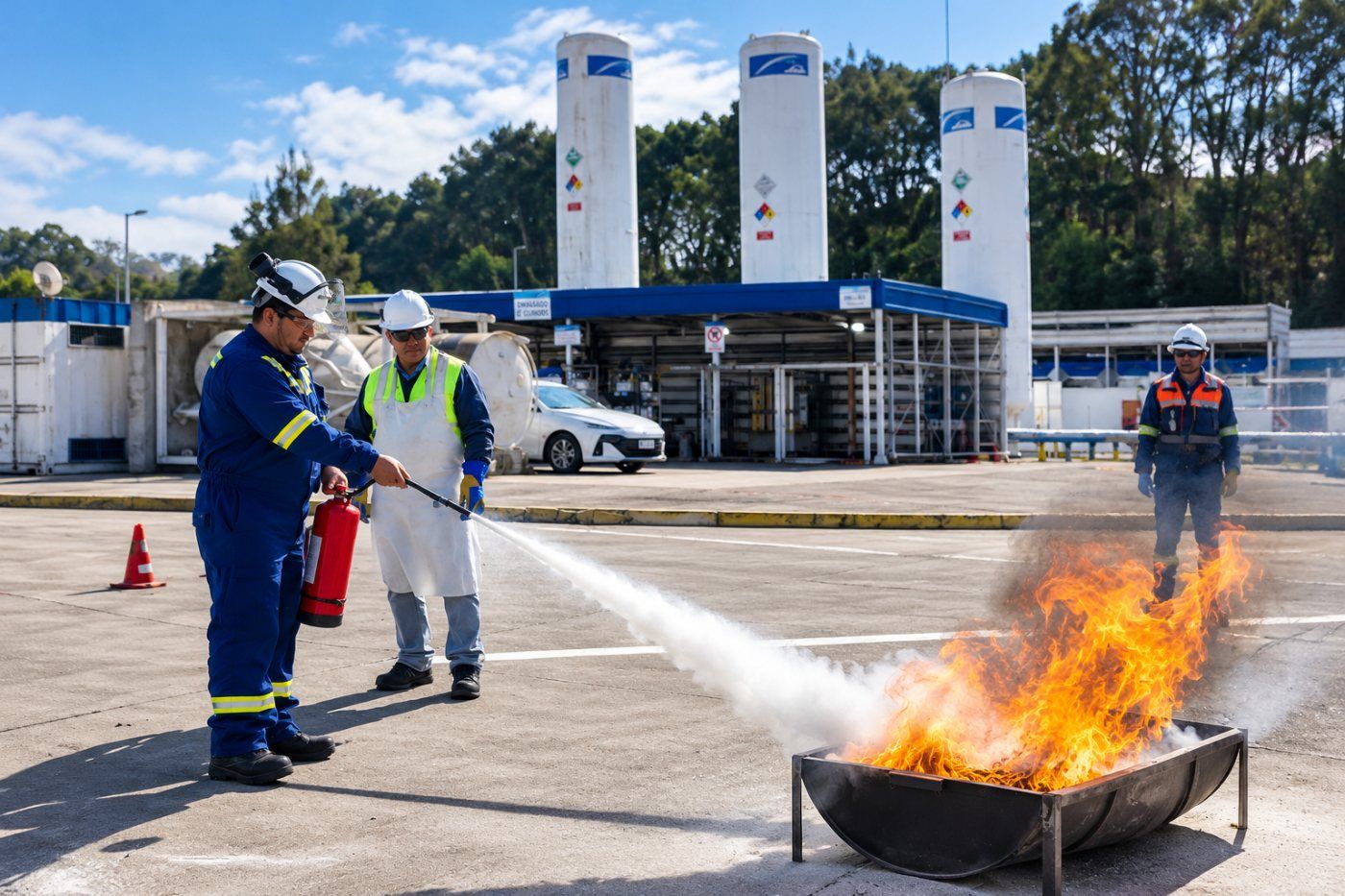 Práctica de uso de extintores en capacitación contra incendios